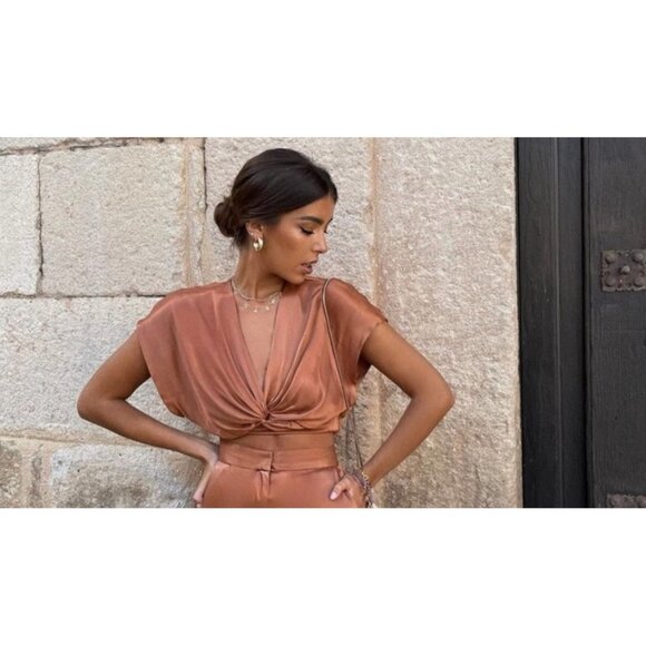Zara Tops - New ZARA Knotted Satin Top Size Small Bronze